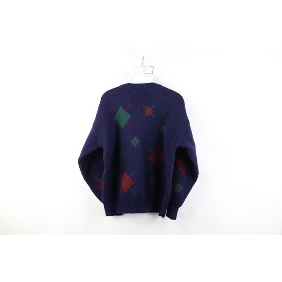 Vintage 70s Streetwear Womens Large Distressed Argyle Wool Ribbed Knit Sweater - Picture 12 of 14